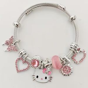 Hello Kitty Pink Charm Bracelet Silver Adjustable Cable Bangle